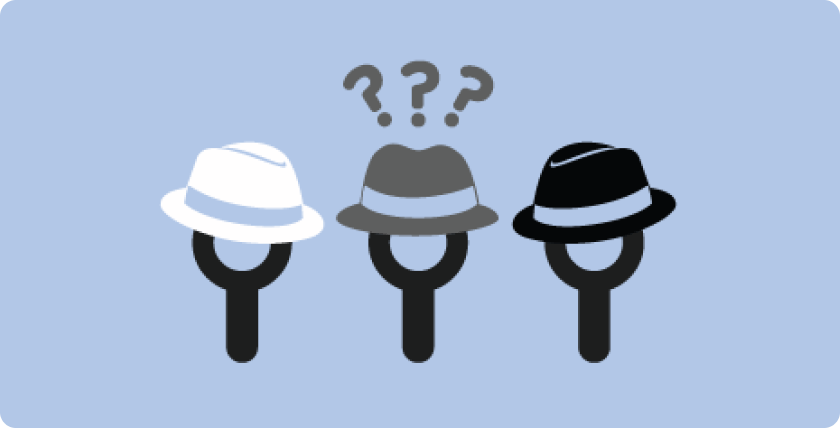 White, gray, and black hat figures with question marks.