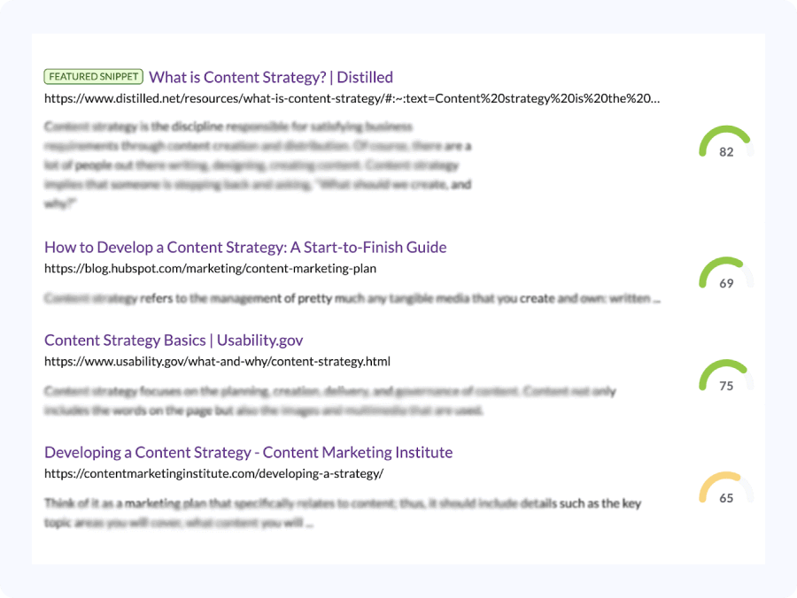 Search results for content strategy with quality scores.