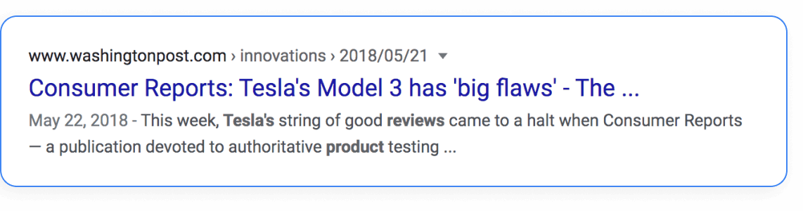 Google search result snippet showing Consumer Reports article on Tesla Model 3 flaws