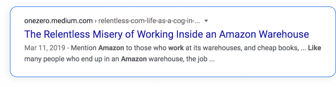 Google search result snippet showing Medium article on the misery of working at Amazon warehouses