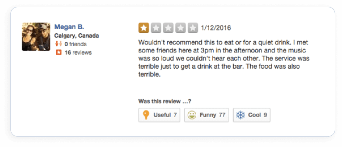 One-star Yelp review by Megan B. criticizing loud music, poor service, and terrible food