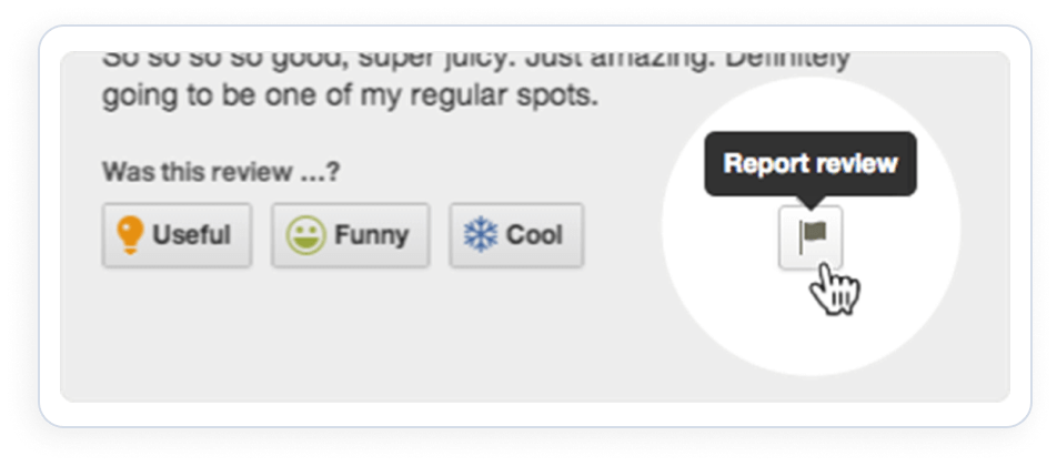 Mouse cursor hovering over 'Report review' button on a Yelp review