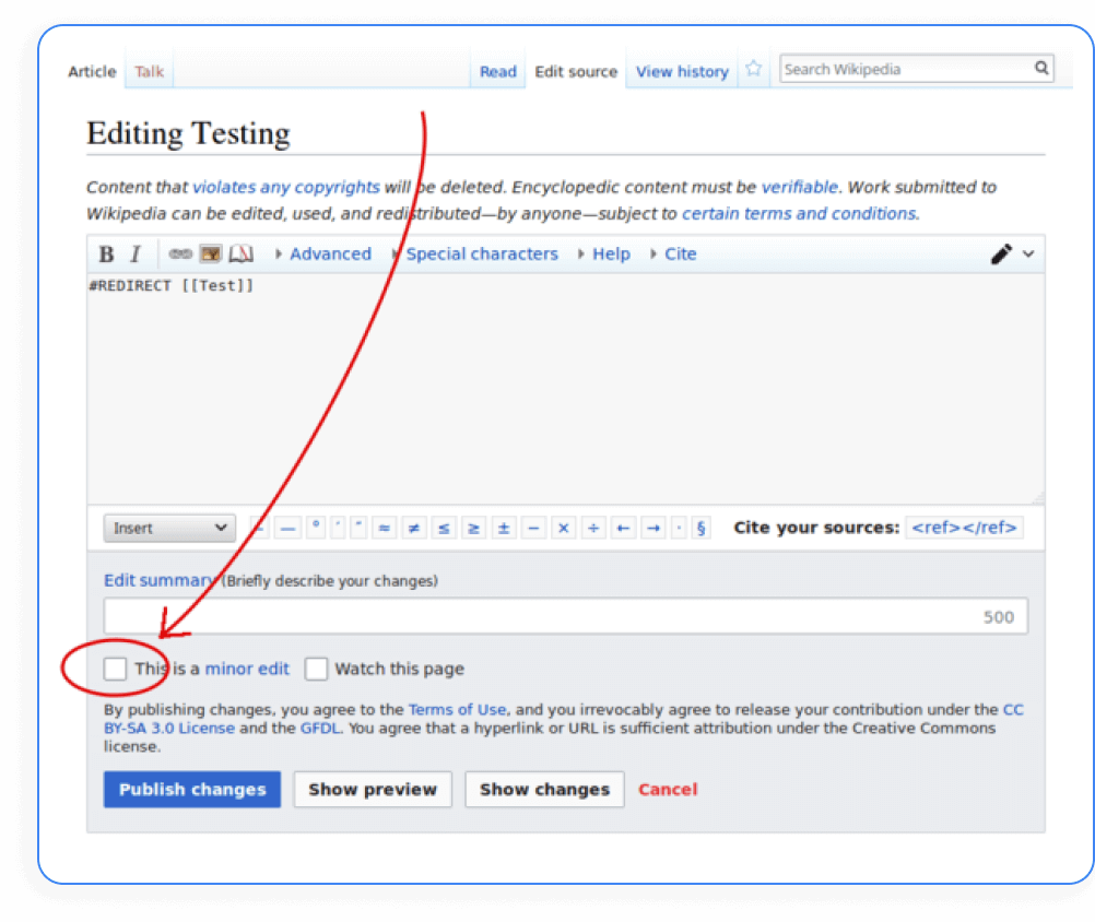 Wikipedia editing interface with red arrow pointing to 'This is a minor edit' checkbox