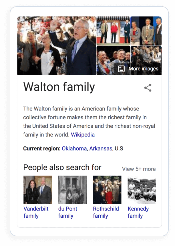 Google knowledge panel showing information about the Walton family with related family searches
