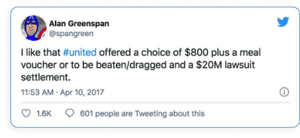 Tweet by Alan Greenspan joking about United Airlines offering money or a lawsuit settlement after a passenger incident