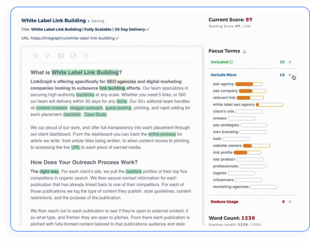 Screenshot of LinkGraph content editor showing optimized article with focus terms and SEO score