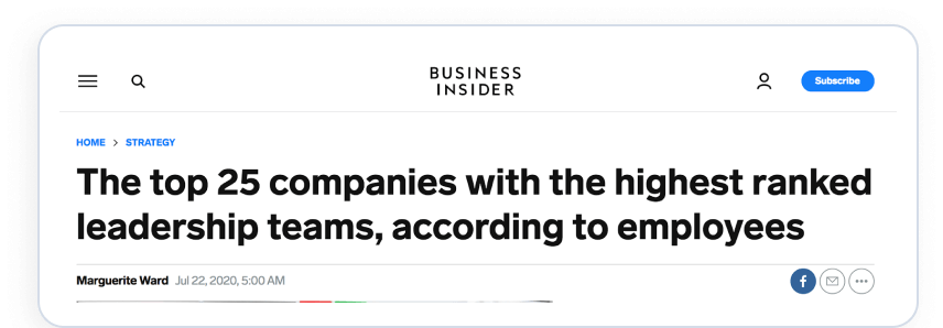 Business Insider article headline about top 25 companies with highest ranked leadership teams