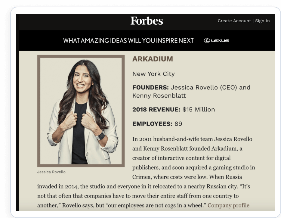 Forbes profile on Arkadium featuring Jessica Rovello, company revenue, employee count, and founding story