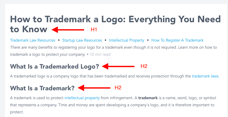 Screenshot showing HTML heading structure on a webpage. 