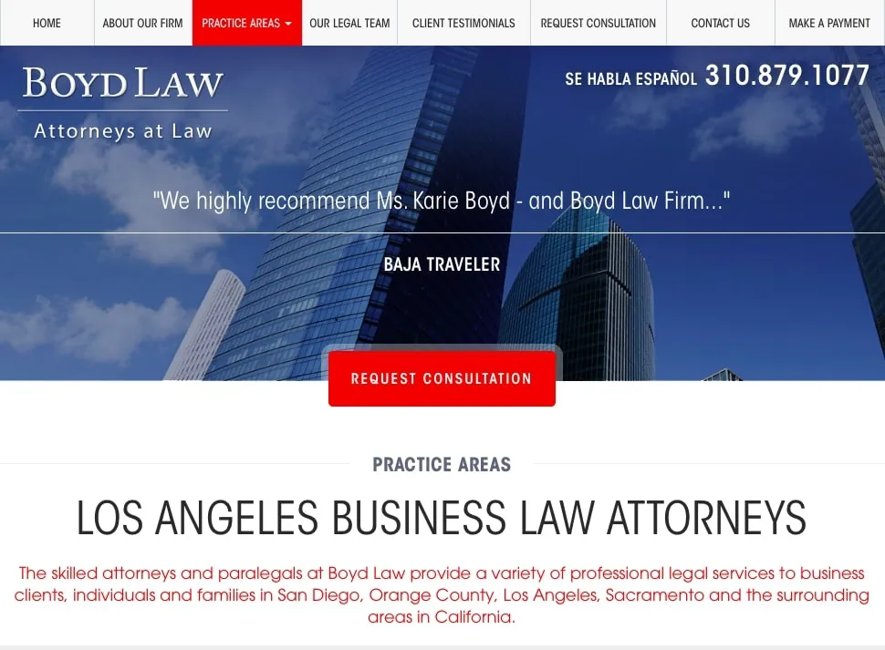 Screenshot of the Boyd Law website homepage, showcasing their navigation menu with sections like 