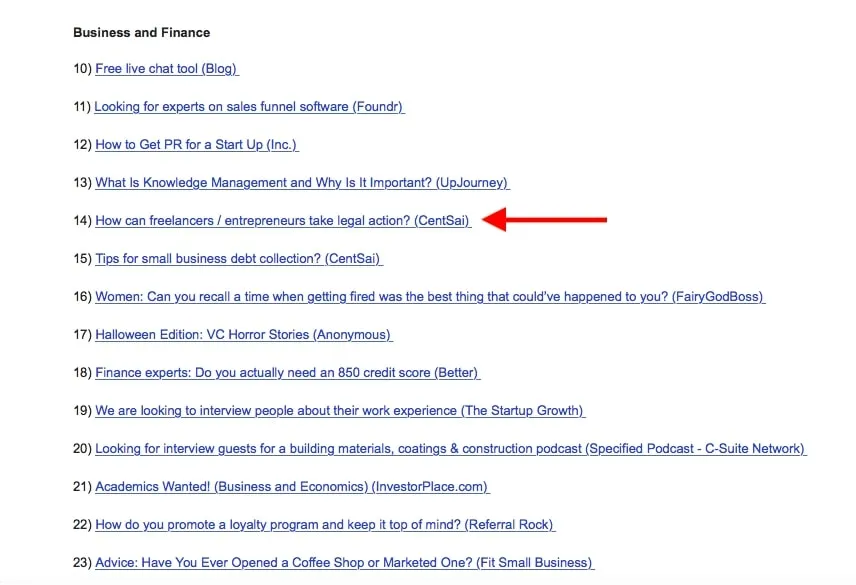 A screenshot of a list under the category 