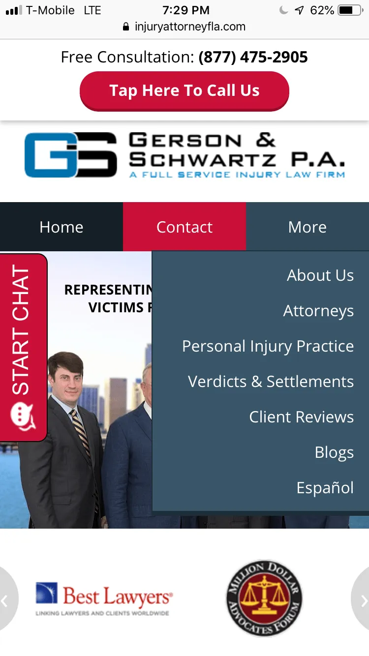 Mobile view of Gerson & Schwartz P.A. law firm website showing contact menu, tap-to-call button, and navigation options.
