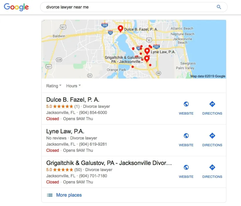 Google search results for “divorce lawyer near me” showing a map of Jacksonville, FL with several marked law offices and a list of top three results: Dulce B. Fazel, P.A.; Lyne Law, P.A.; and Grigaltchik & Galustov, P.A., including ratings, hours, contact info, and links to websites and directions.