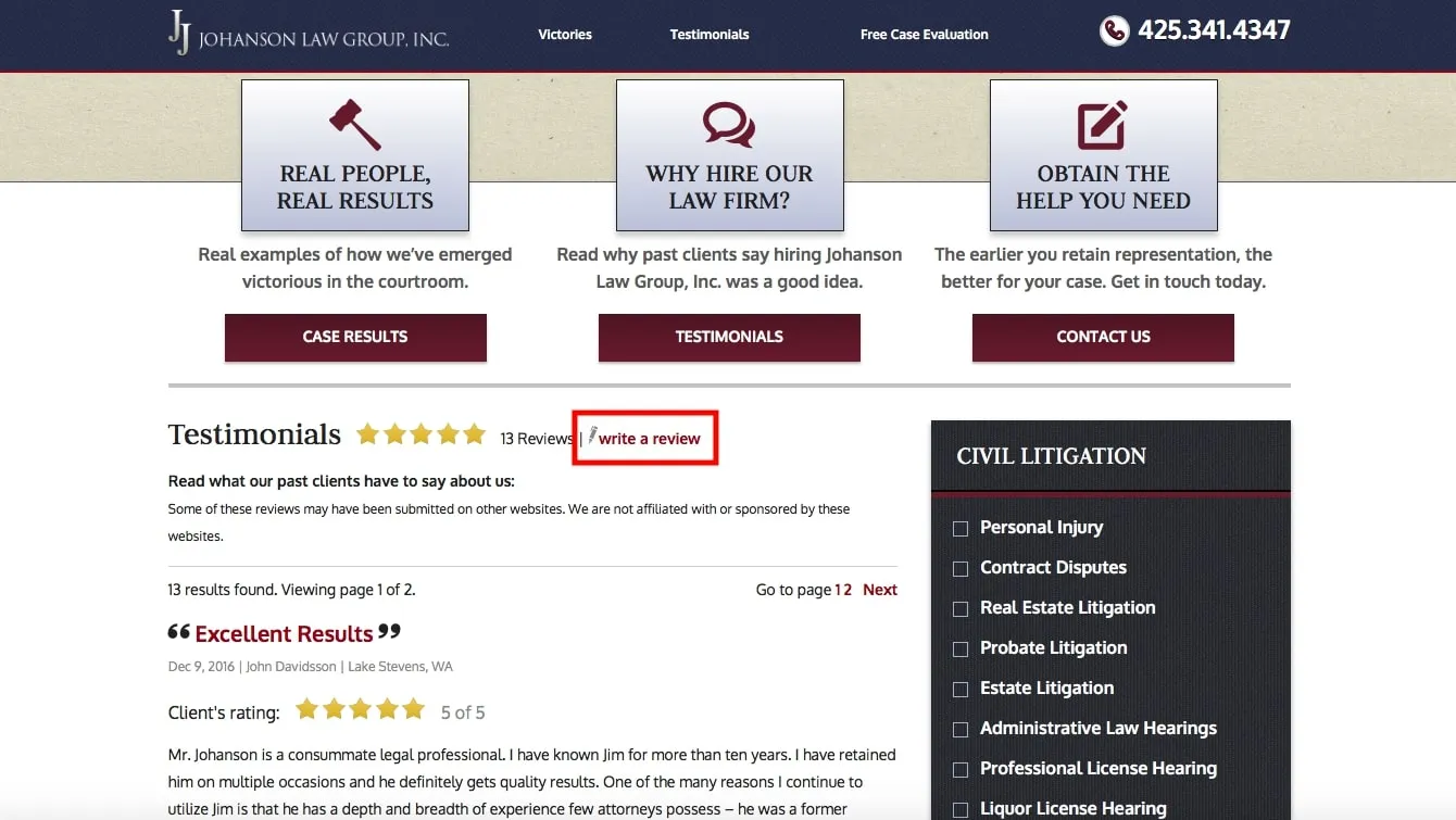 Website homepage of Johanson Law Group, Inc., showcasing a testimonials section with client reviews, a navigation bar, call-to-action buttons, and a sidebar listing various civil litigation services.