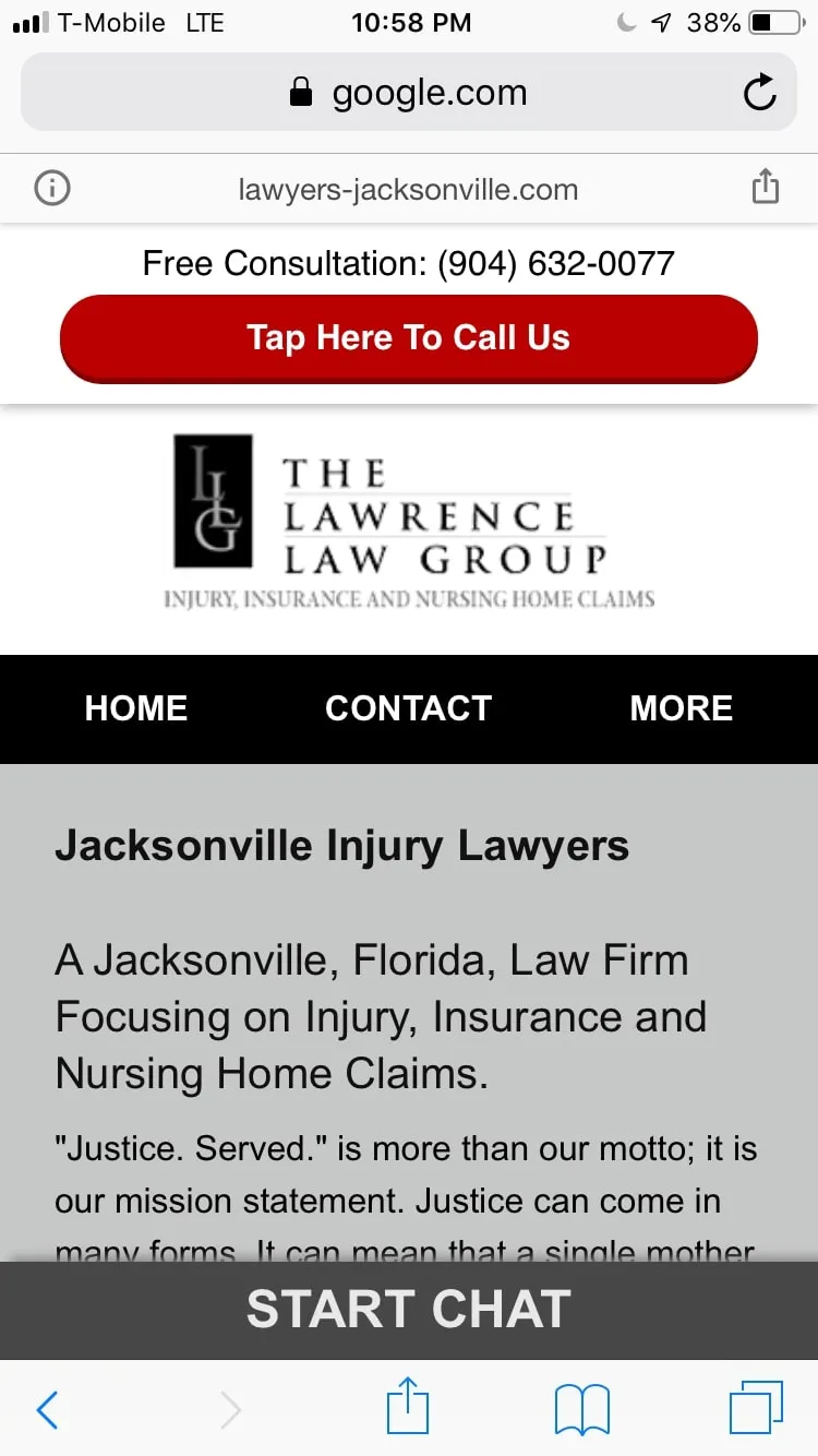 Mobile view of The Lawrence Law Group website displaying a call-to-action for a free consultation, navigation menu (Home, Contact, More), and a brief description of the firm focusing on injury, insurance, and nursing home claims.