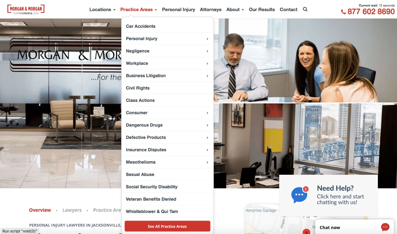 Screenshot of the Morgan & Morgan law firm website showing the “Practice Areas” dropdown menu, which includes categories like Car Accidents, Workplace, Civil Rights, and Whistleblower & Qui Tam. The website also features a chat popup in the bottom-right corner offering assistance.