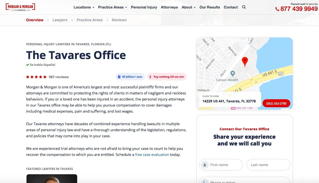 Webpage screenshot of the Morgan & Morgan law firm’s Tavares Office page. It highlights personal injury legal services, client testimonials, contact information, a map with the office location, and a contact form inviting users to share their experience.