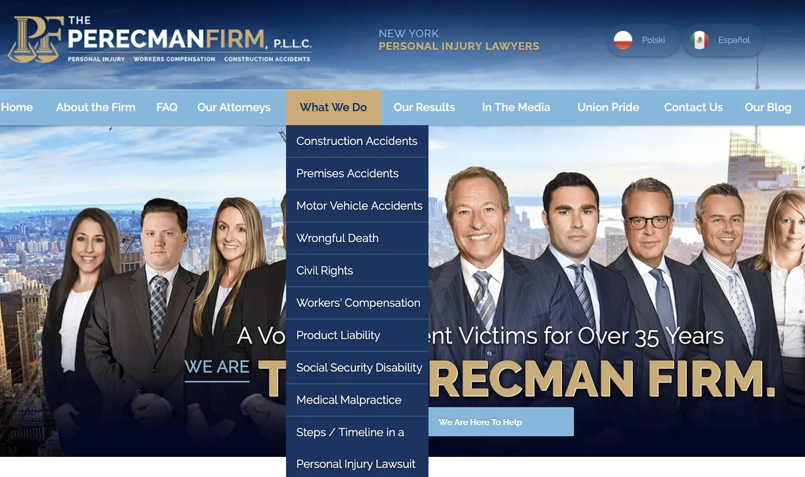 The Perecman Firm PLLC website homepage showing attorneys and dropdown menu listing types of personal injury cases handled.
