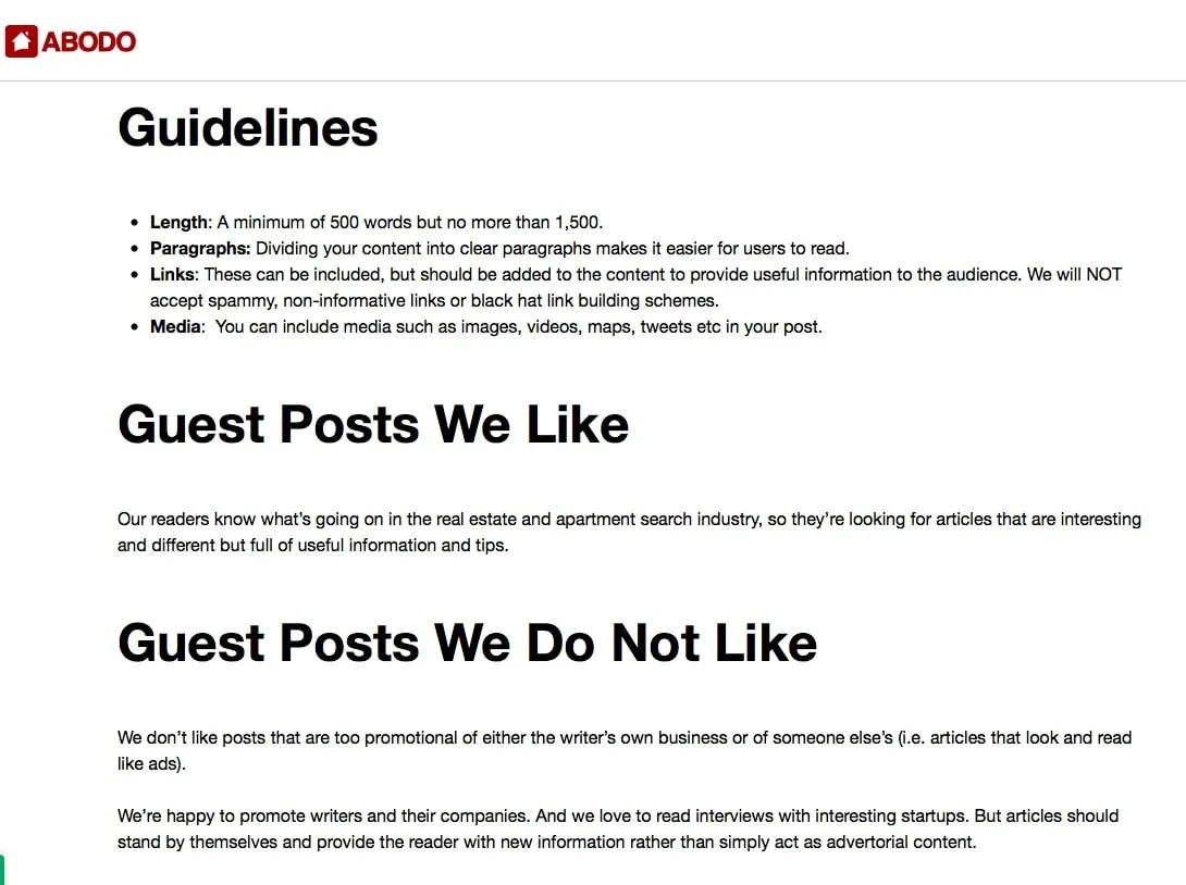 Screenshot of a website's guest posting guidelines