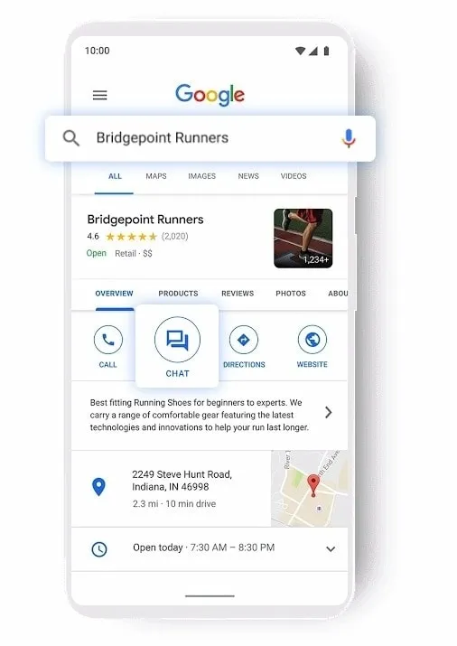 screenshot of what a mobile business profile looks like with the chat icon popped out