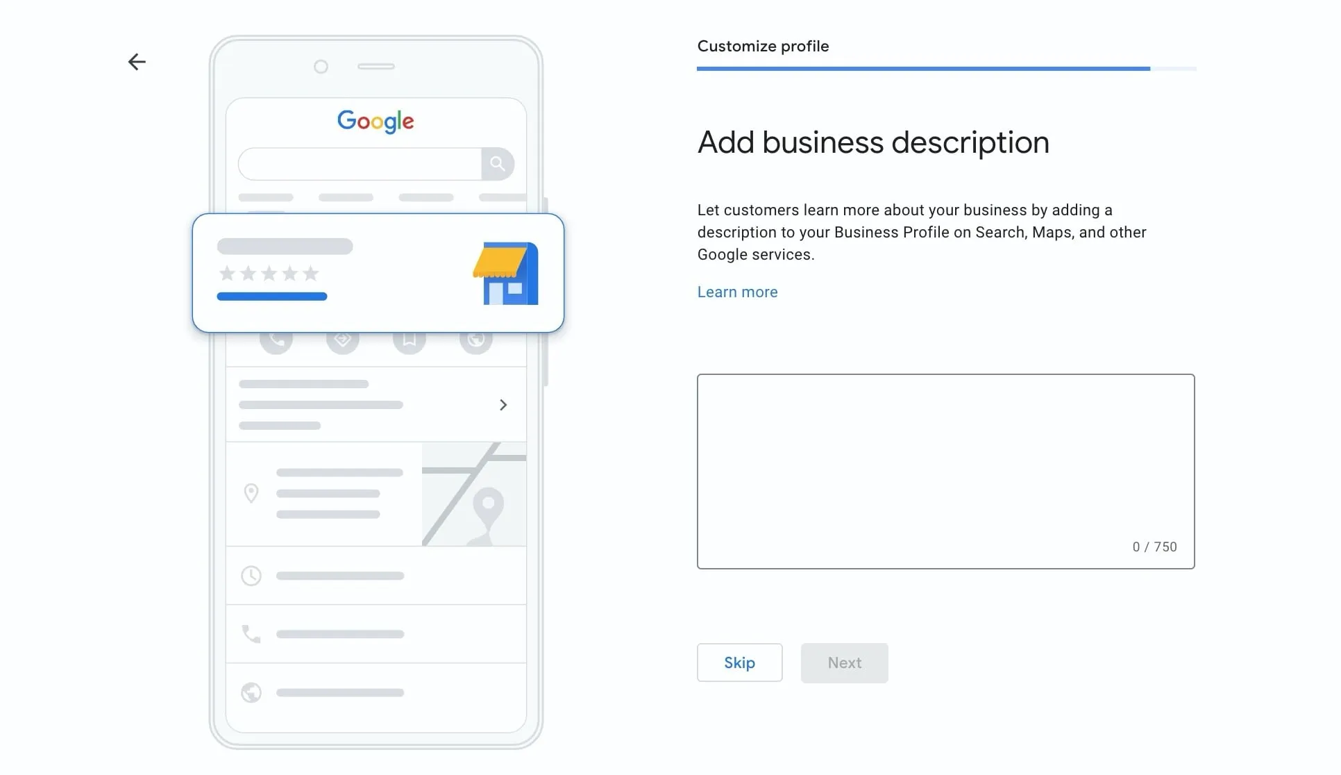 Screenshot of adding description to GBP with phone graphic on left and text box on the right