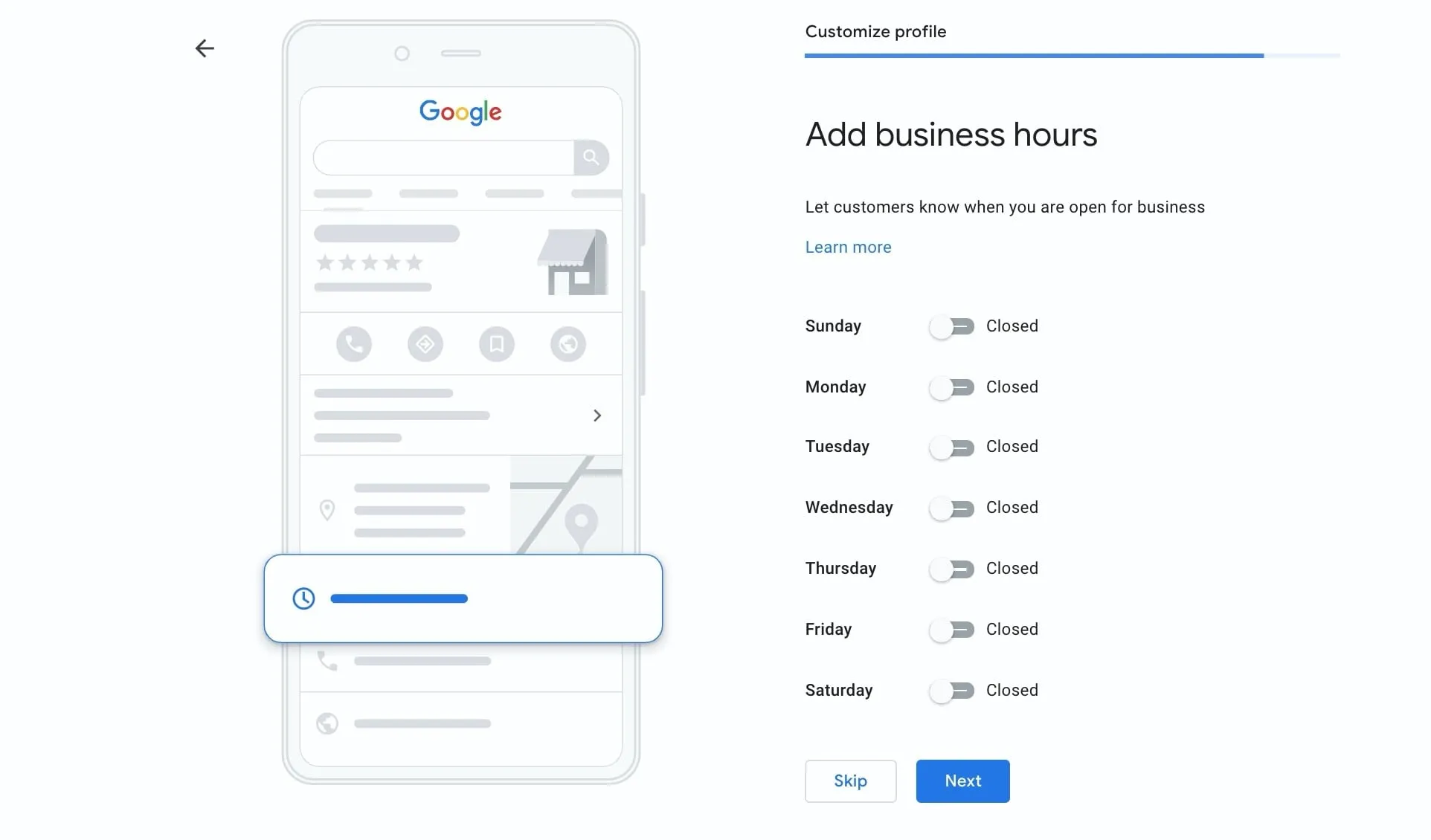 Screenshot of adding hours to GBP with days of week menu and on/off buttons