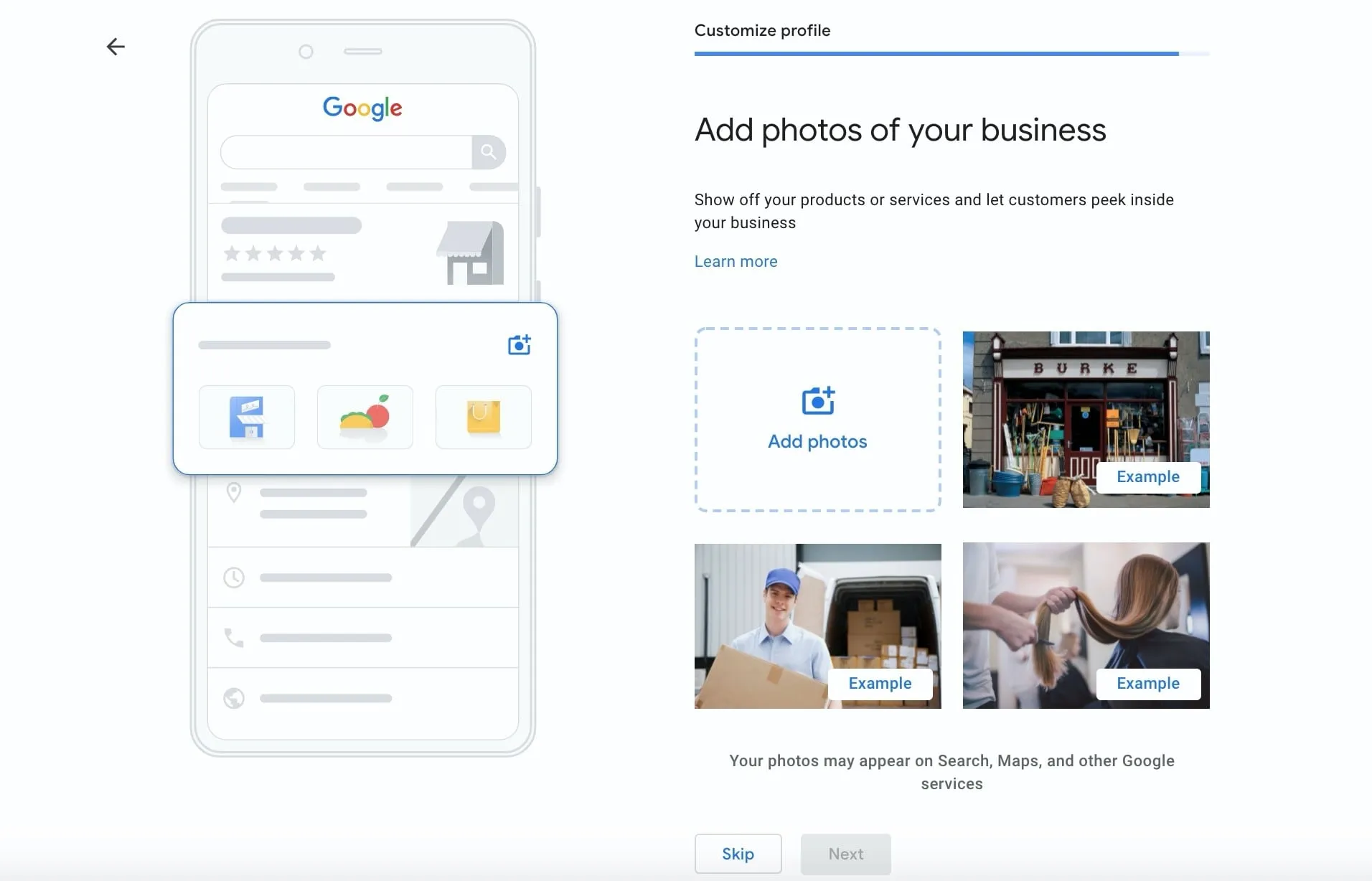 Screenshot of GBP Add photos with phone graphic on left and add photo button on right with 3 example photos