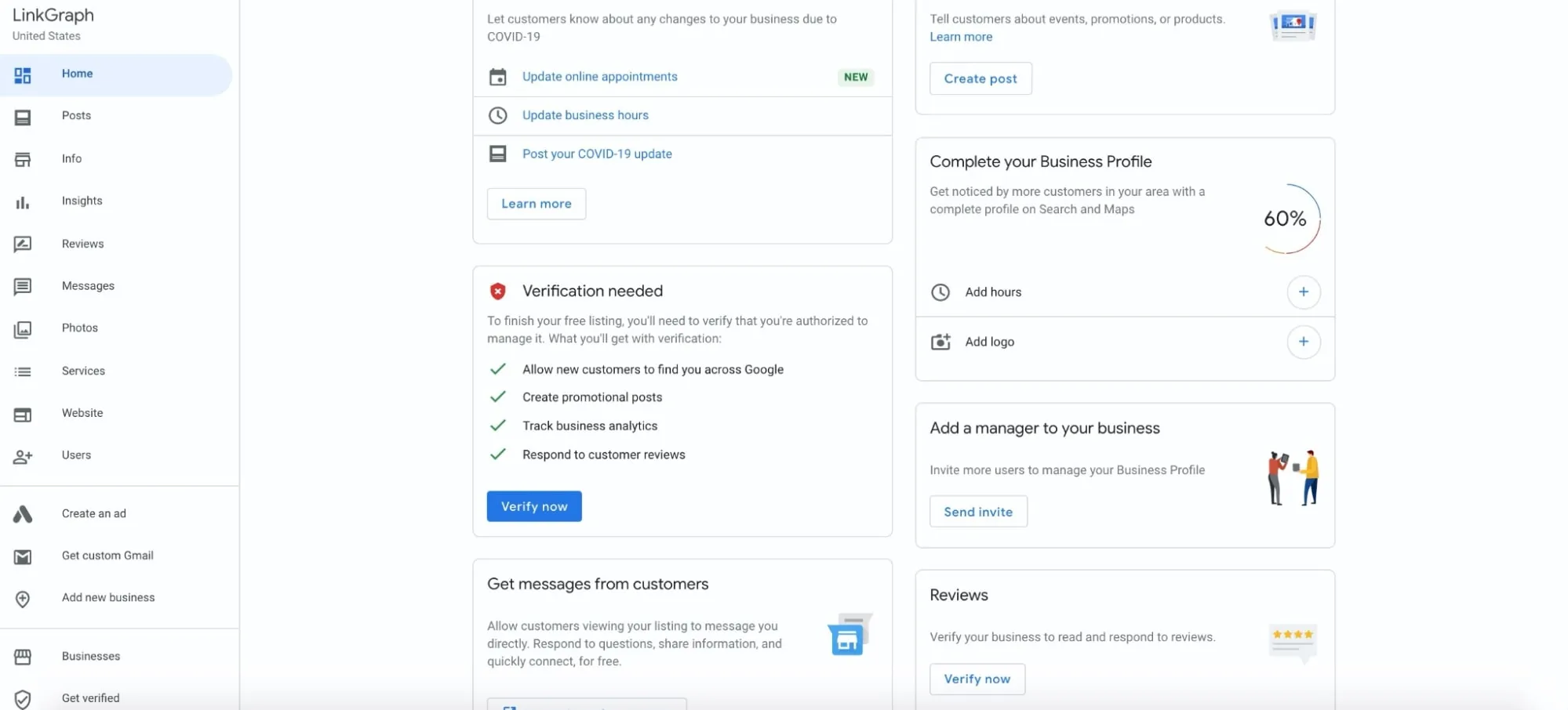 Google Business Profile dashboard screenshot
