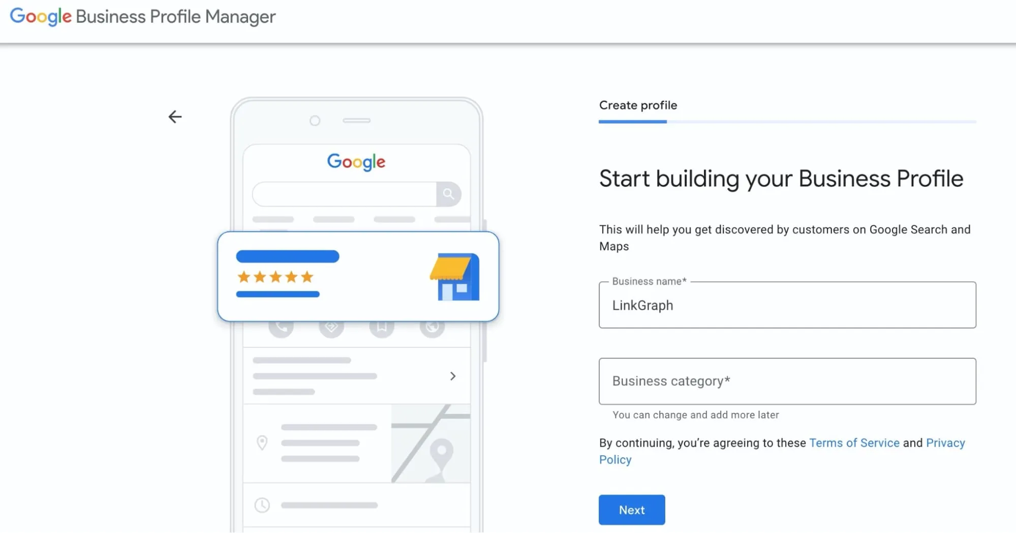 Screenshot Add your business with name and category