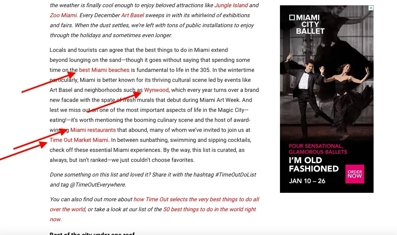 image of a blog posts with red arrows pointing to all of the internal links on the page