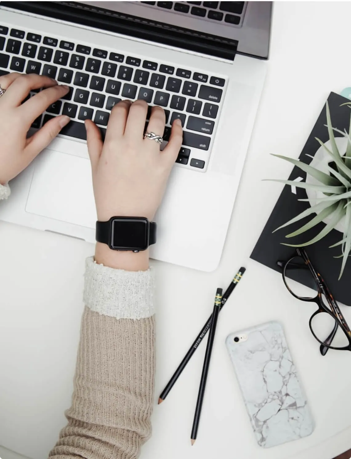 A woman typing on a laptop next to a plant on the desk.