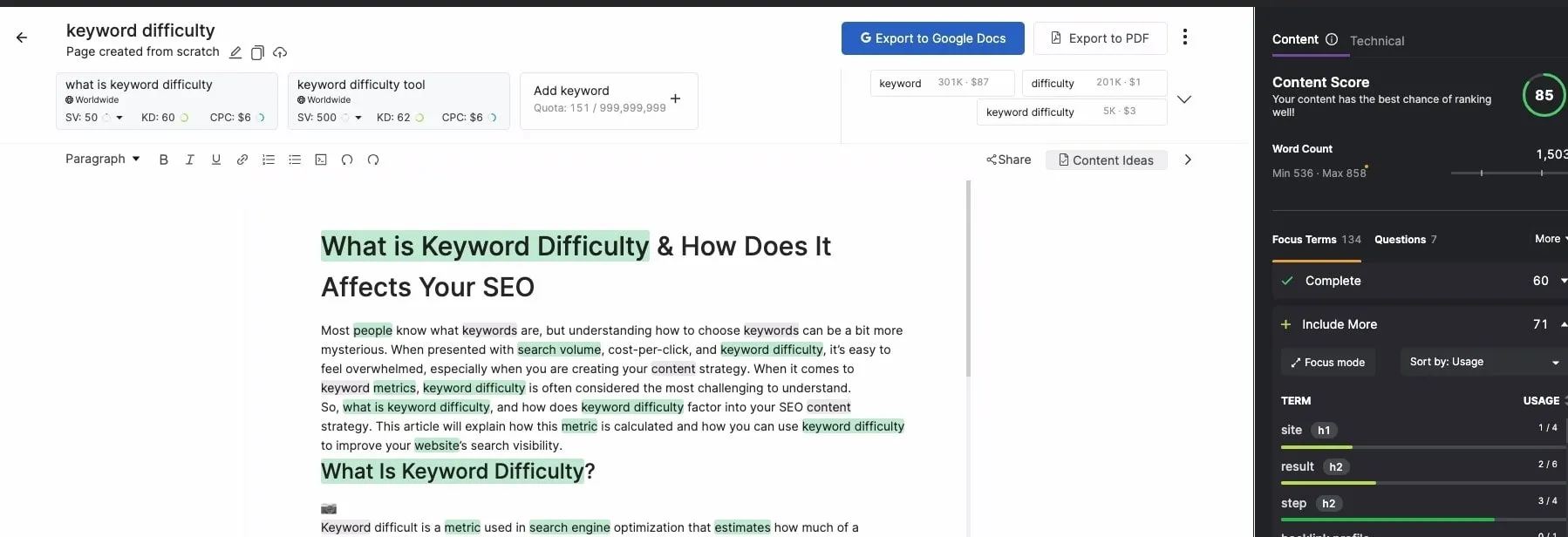 Screenshot from the SEO Content Assistant tool