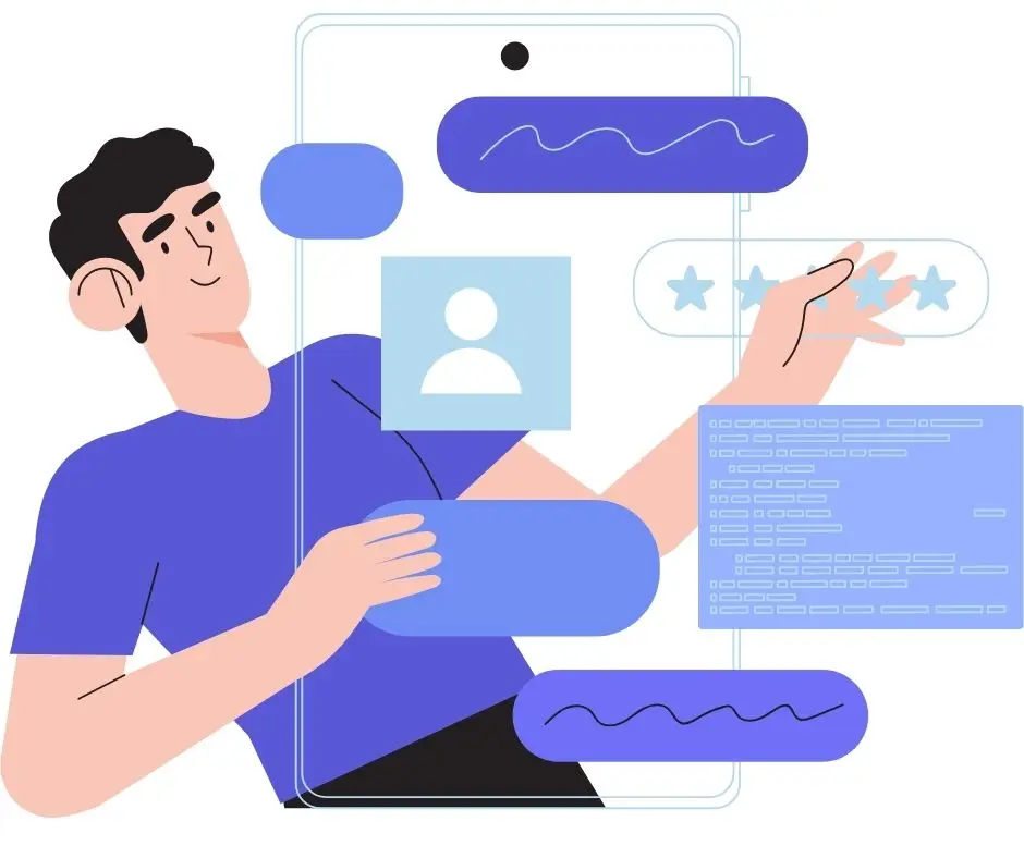 Illustration of a white man with black hair and mobile device elements