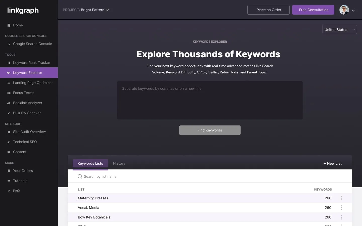 LinkGraph Keyword Explorer dashboard interface showing keyword search input field, search tools menu, and a list of saved keyword lists including "Maternity Dresses" and "Vocal. Media."