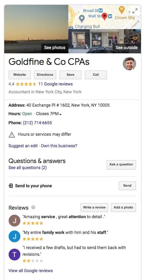 Google My Business page for accounting firm