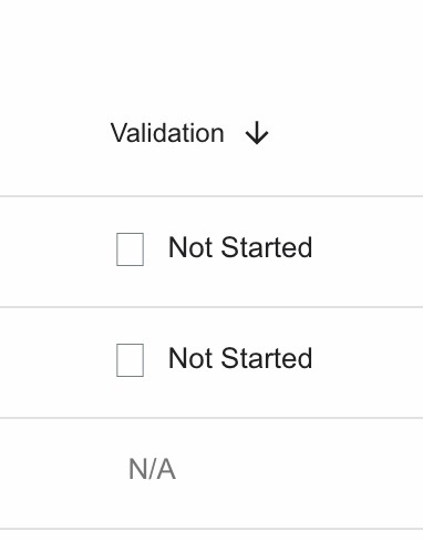 A checklist titled "Validation" with two unchecked boxes labeled "Not Started" and a row labeled "N/A.