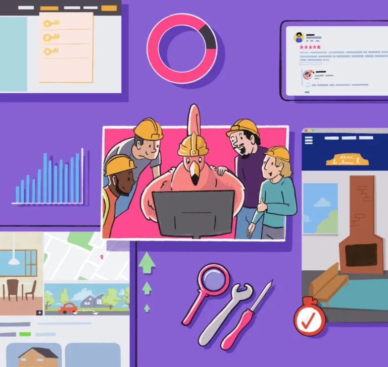 Contractors in hard hats surrounding a computer and learning how to do contractor SEO on their construction websites