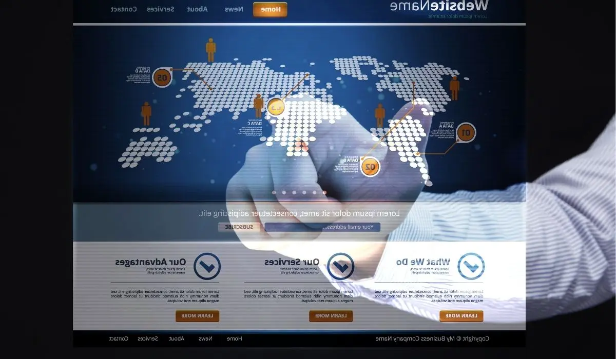 Caucasian male hand pressing a digital information map. POV is from the monitor looking out.