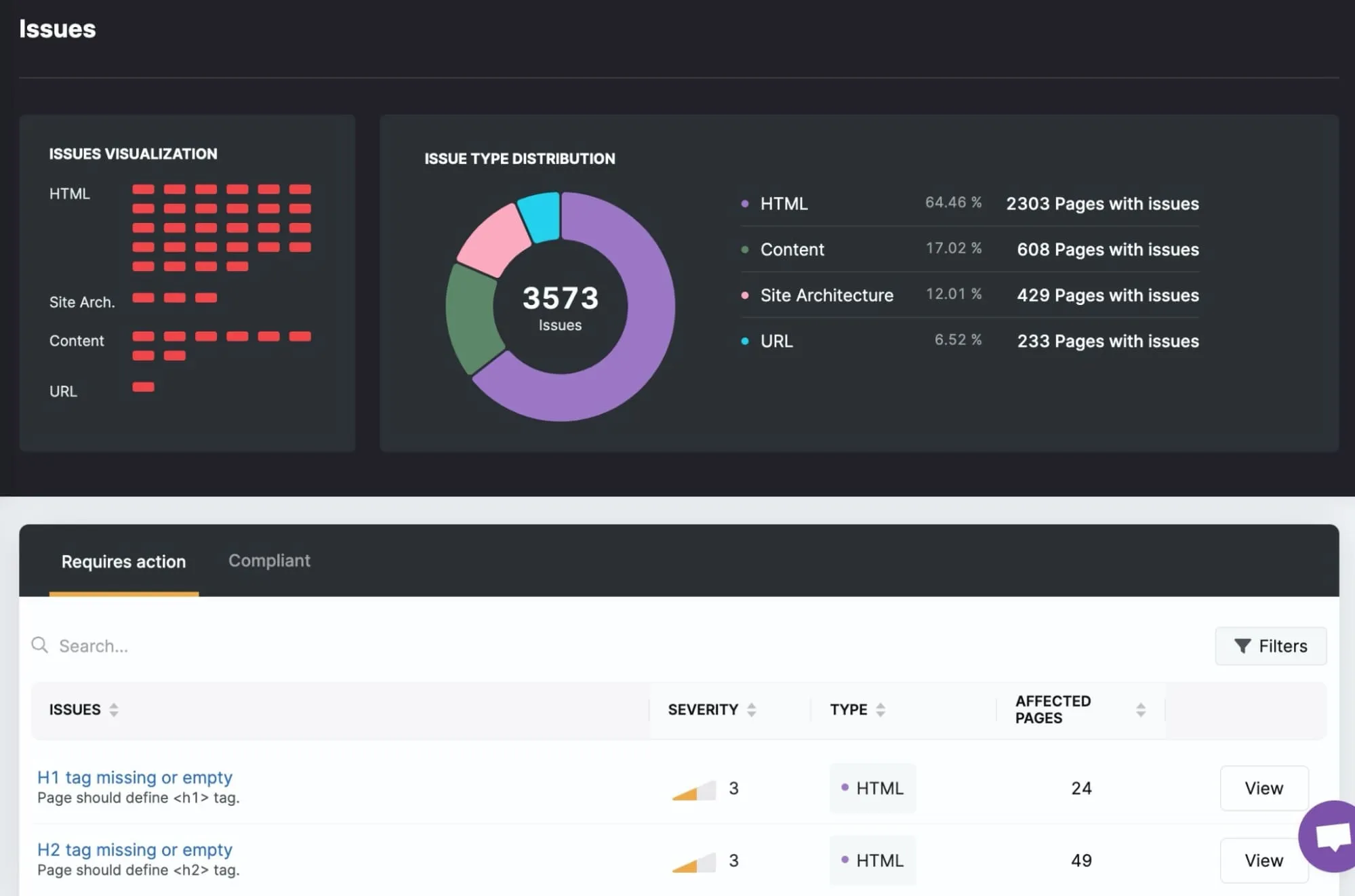 A screenshot of Search Atlas’s issues reporting tool for site performance