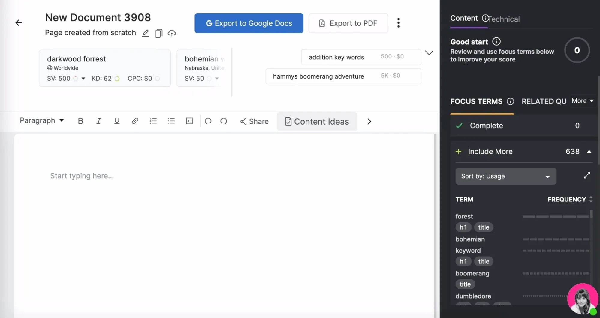 Screenshot of SEO content assistant tool