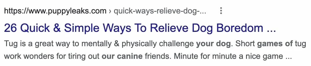 Example of meta tags from a dog boredom article