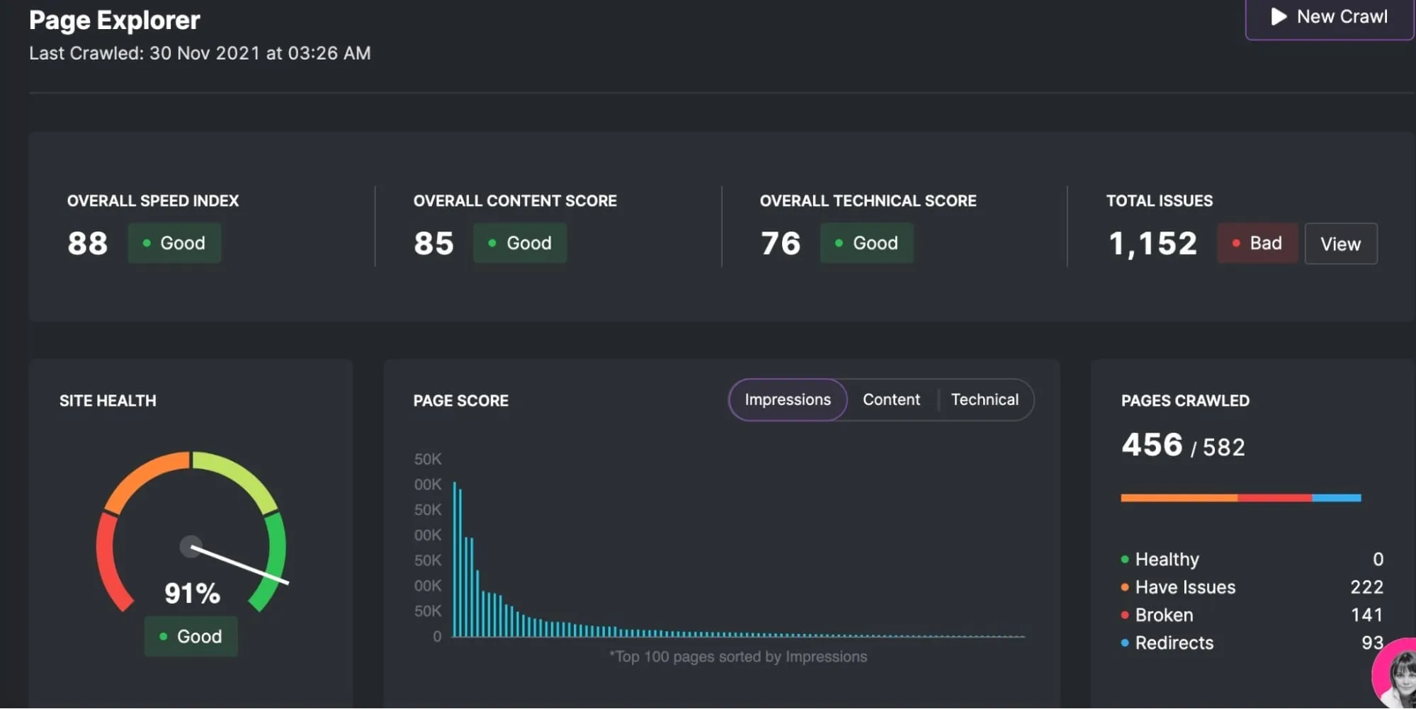 Screenshot of Page Explorer tool's dashboard with site health meter