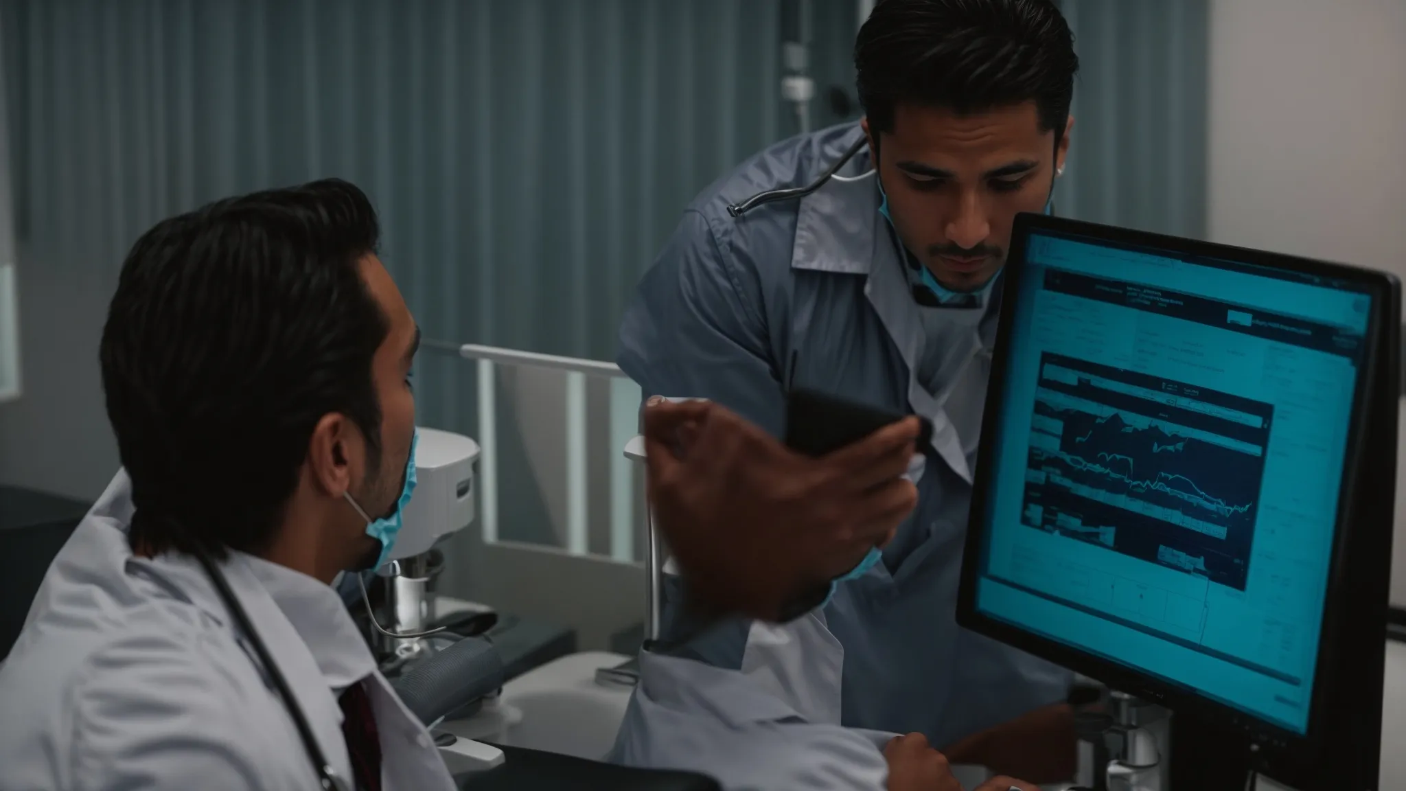 a dentist showing a patient a graph on a computer screen in a modern dental office.