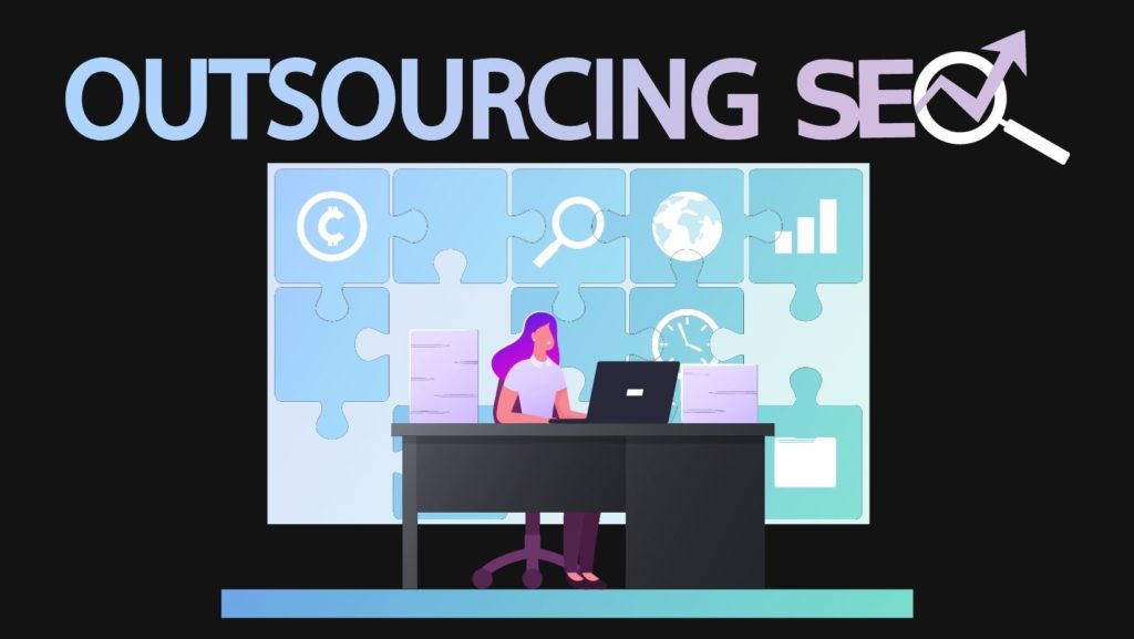 Illustration of a person working at a desk with SEO icons in the background, representing the concept of SEO outsourcing.