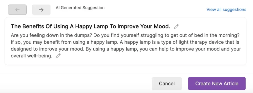Screenshot of an AI generated blog title and summary in Search Atlas