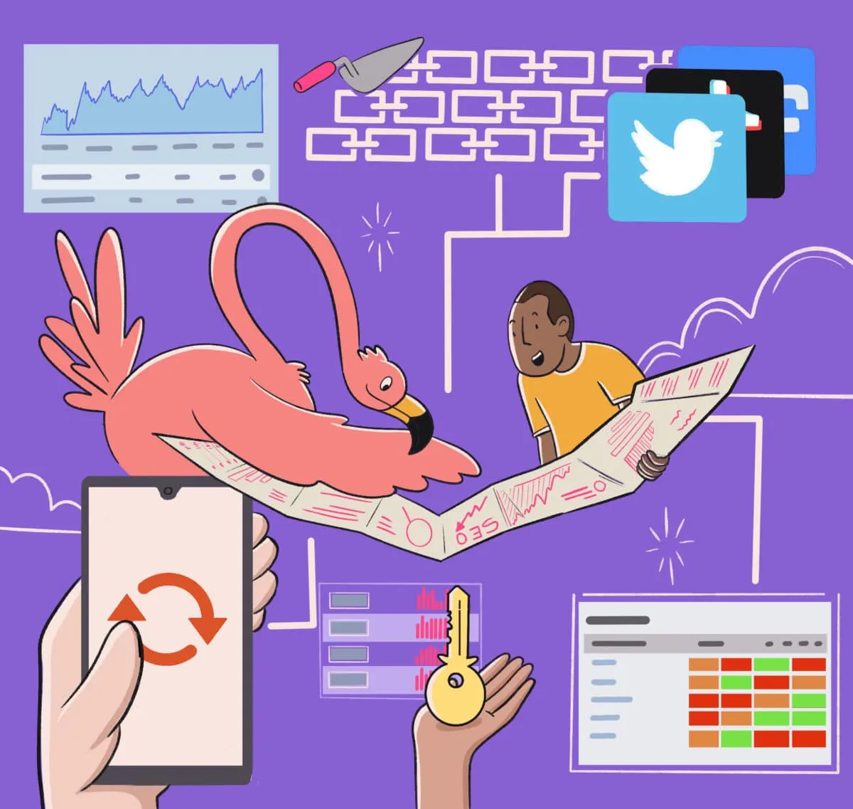 Illustration depicting various activities and digital concepts, such as social media, data analysis, and navigation, intertwined with a whimsical drawing of a flamingo using a mobile device.