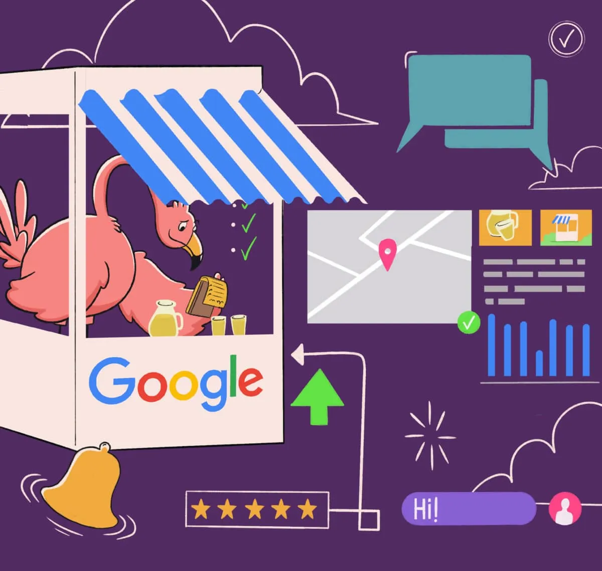 A business owner standing at a lemonade stand with images of his Google Business Profile next to him