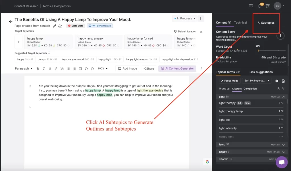 Screenshot of the SEO Content Assistant with a red arrow pointing toward the AI Subtopics button