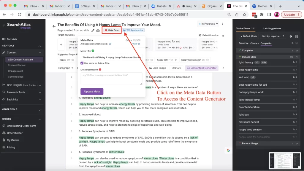 Screenshot of meta tag AI generator in Search Atlas SEO Content Assistant