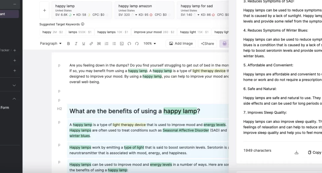 Screenshot of AI Generated Content in the SEO Content Assistant tool